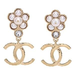 CHANEL 24P Crystal Glass Pearl Flower CC Logo Gold Plated Dangle Drop Earrings